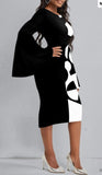 GEOMETRIC PRINT BLACK FLARE SLEEVE DRESS