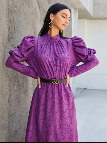 Belted Printed Puff Sleeve