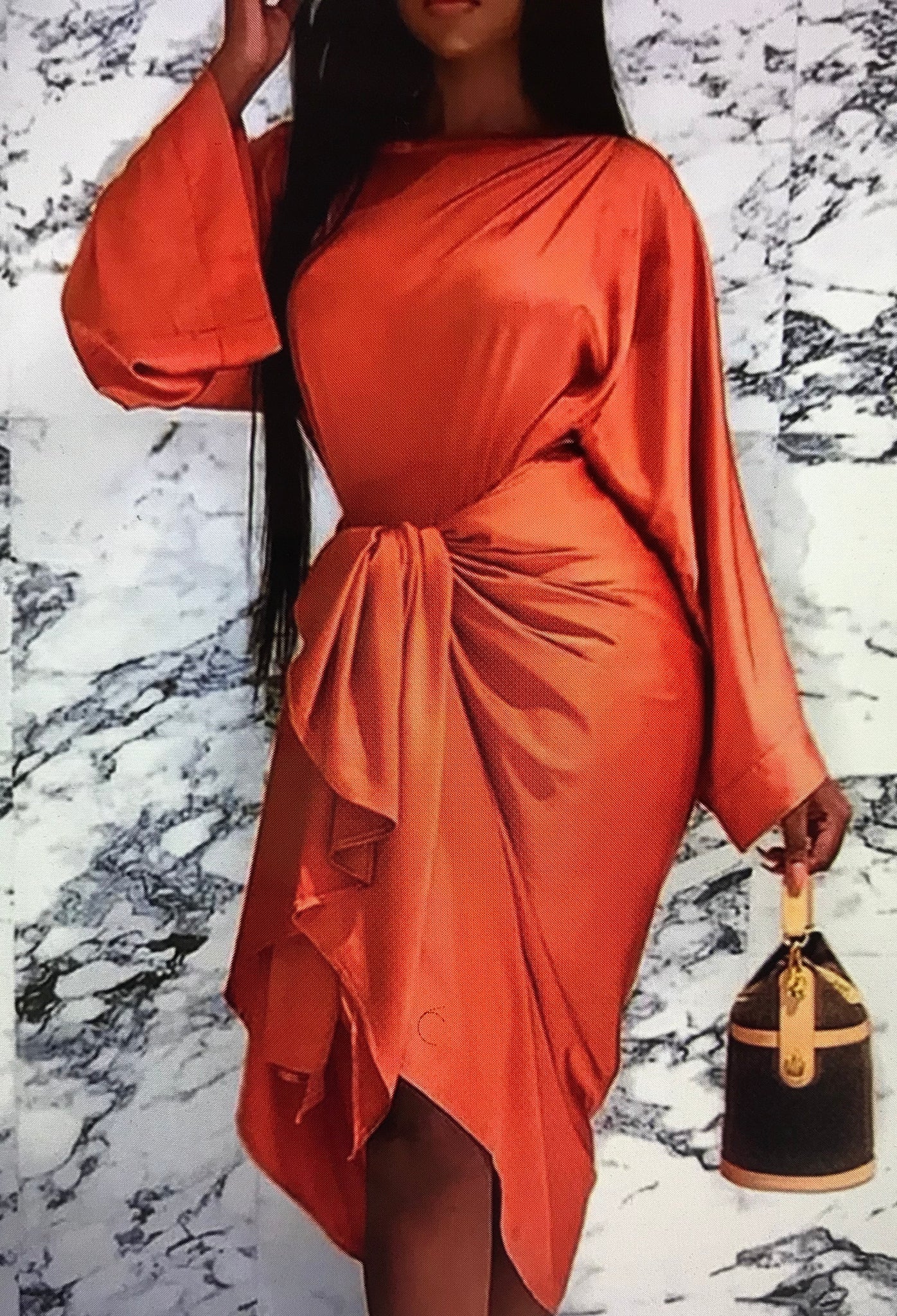 orange batwing dress SLIT BATWING SLEEVE SATIN EFFECT DRESS - Orange